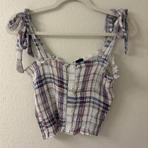 Red, White, and Blue Plaid Tie-Strap Button Front Crop Top